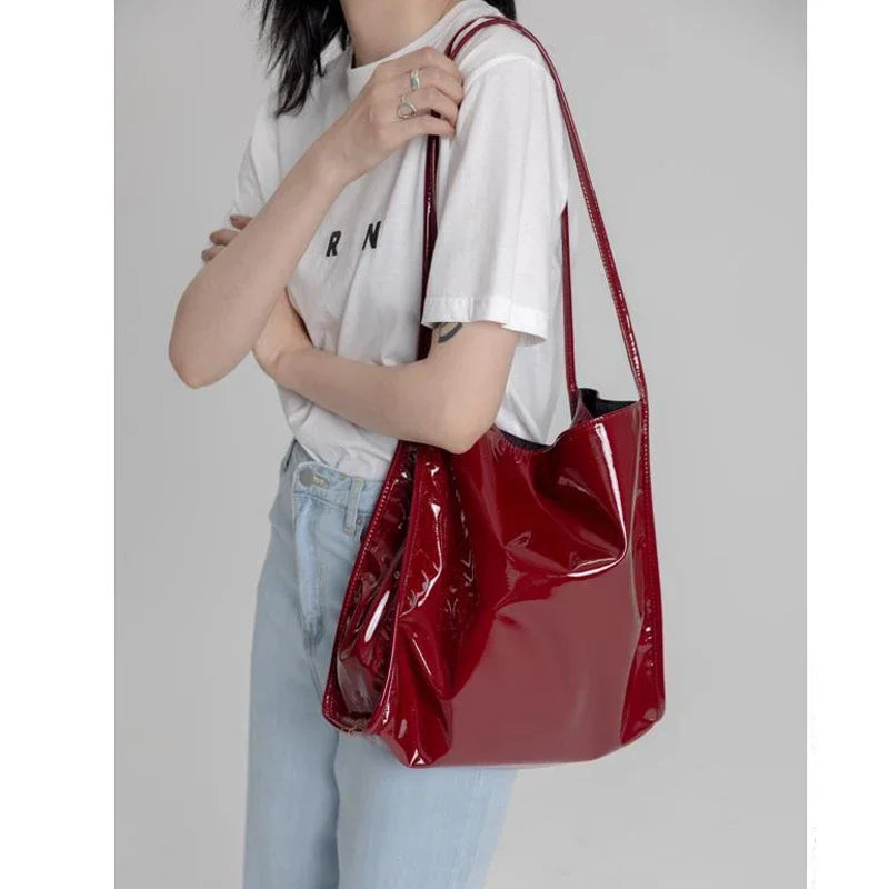 Soft Patent Leather Women Shoulder Bags Large Capacity Retro Ladies Shopping Bag Fashion Solid Color Female Casual Tote Handbag