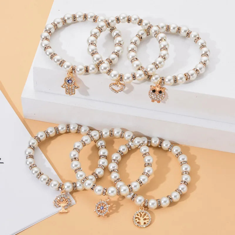Cheap Women 18k Gold Plated Crystal Beaded Pearl Bracelets Elastic Rhinestone  Evil Eyes Tree of Life Heart Charm Pearl Bracelet
