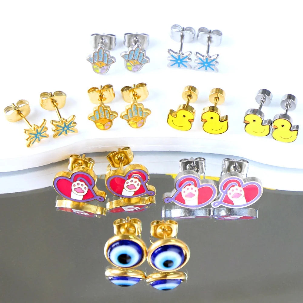 New Arrivals Stainless Steel Cartoon Kids Earrings PVD Gold 18k Anti Allergy Cute Screw Back Stud Earings for Girls