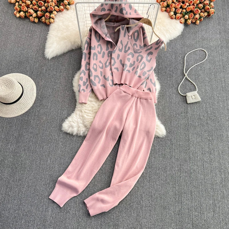 Casual 3 Piece Set for Women V-Neck Top and High Waist Leopard Printed Knitted Dress Set Jogging Suits Wholesale