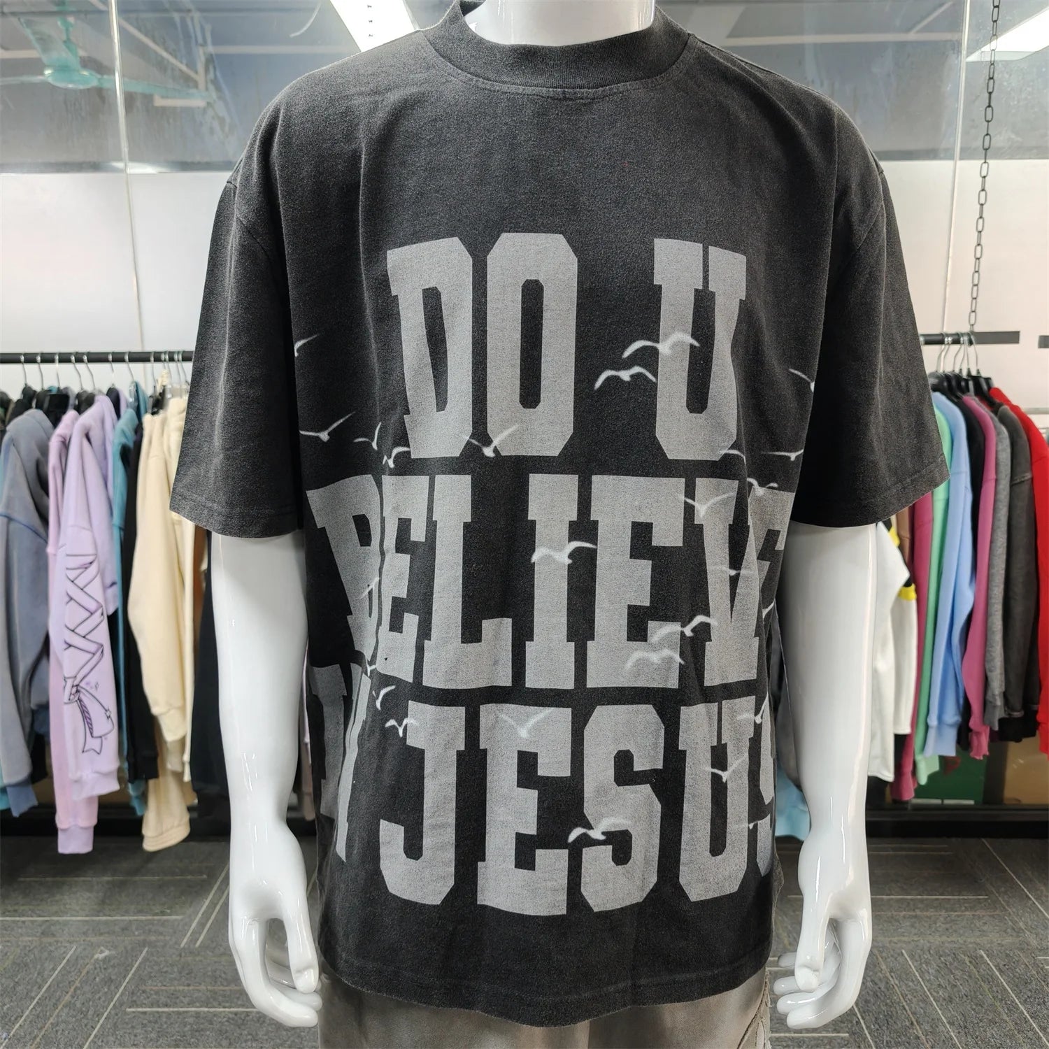 OEM New Design Sample Screen Print Letter Acid Washed Crew Neck Tee Oversized Fit Dropped Shoulder 200 GSM 100% Cotton Tshirt