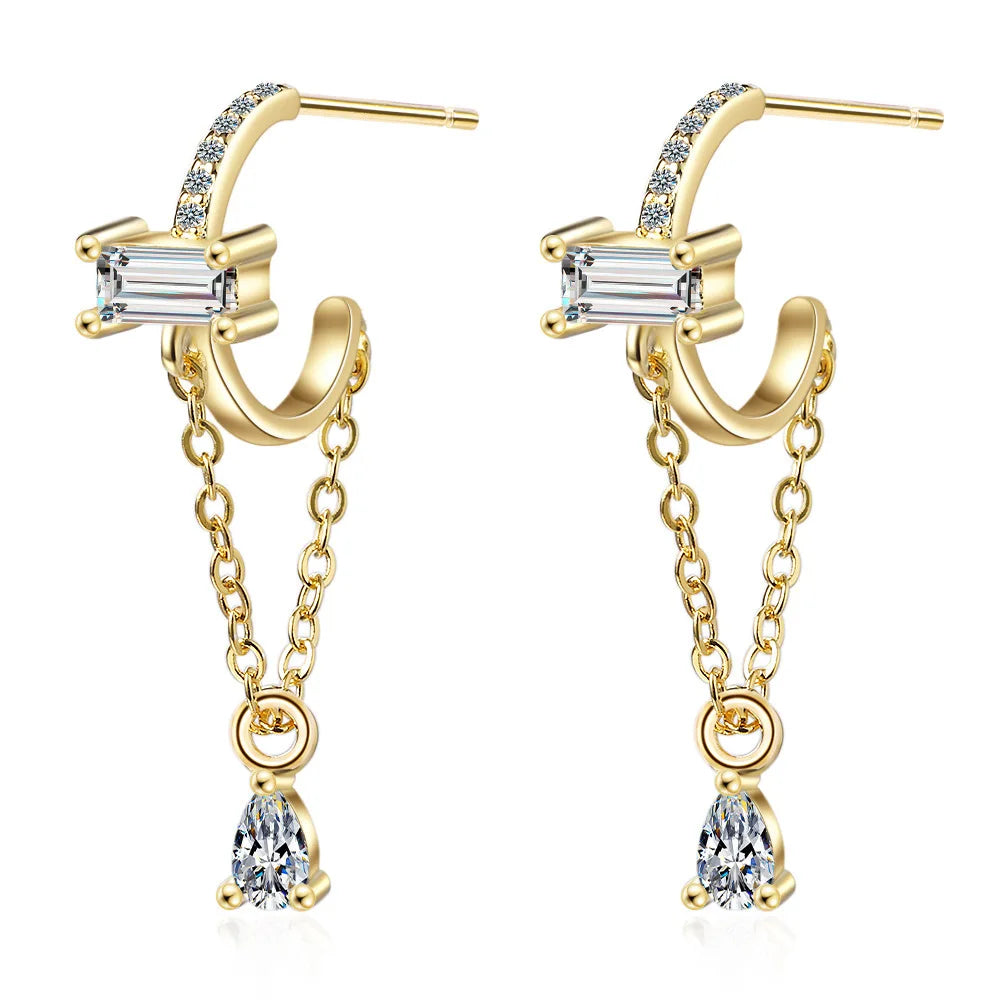 Stylish Stainless Steel C Shape  Stud Earring Gold Color Link Chain Long Tassel Earring for Women Waterdrop Dangle Jewelry Gift