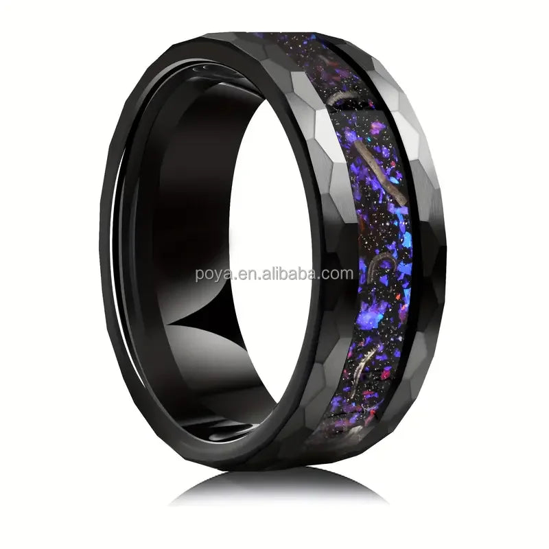 POYA 8mm Black Tungsten Carbide Ring Hammered with Meteorite Shavings Galaxy Foil Inlay for Couple's  Engagement Wedding Gifts