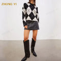 Clothing Factory Wholesale Custom Crew Neck Checkerboard Oversized Jacquard Knit Ribbed Plaid Women Casual Pullover Sweater Top