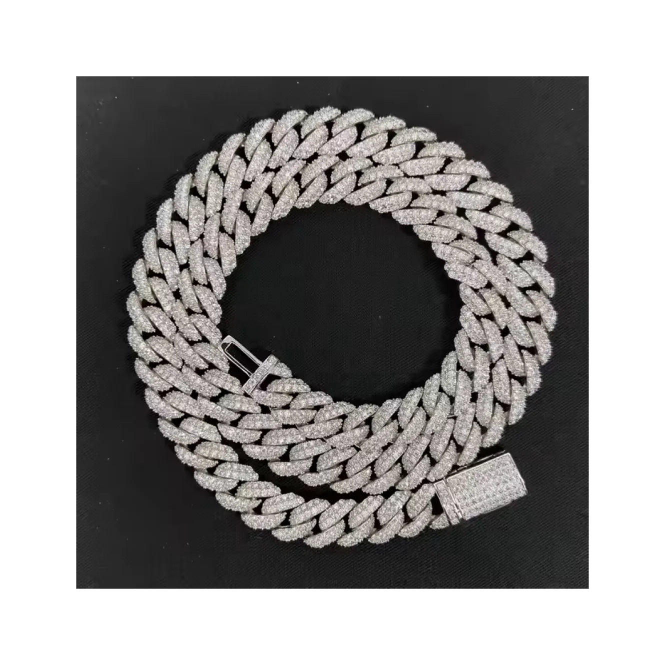 10mm Width Chain Moissanite Diamond Sterling Silver  Solid S925 Cuban Chain White Gold Plating Hip Hop Cuban Chain