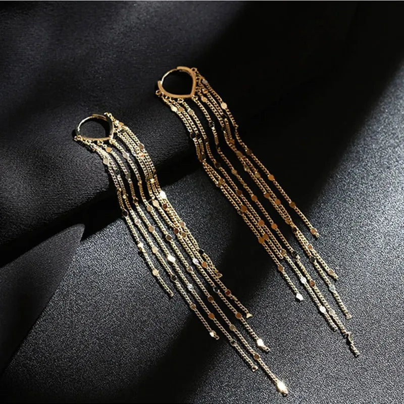 New Fashion Long Metal Tassel Drop Earrings for Women Korean Joker Sweet Lovely Heart Elegant Party Wedding Jewelry