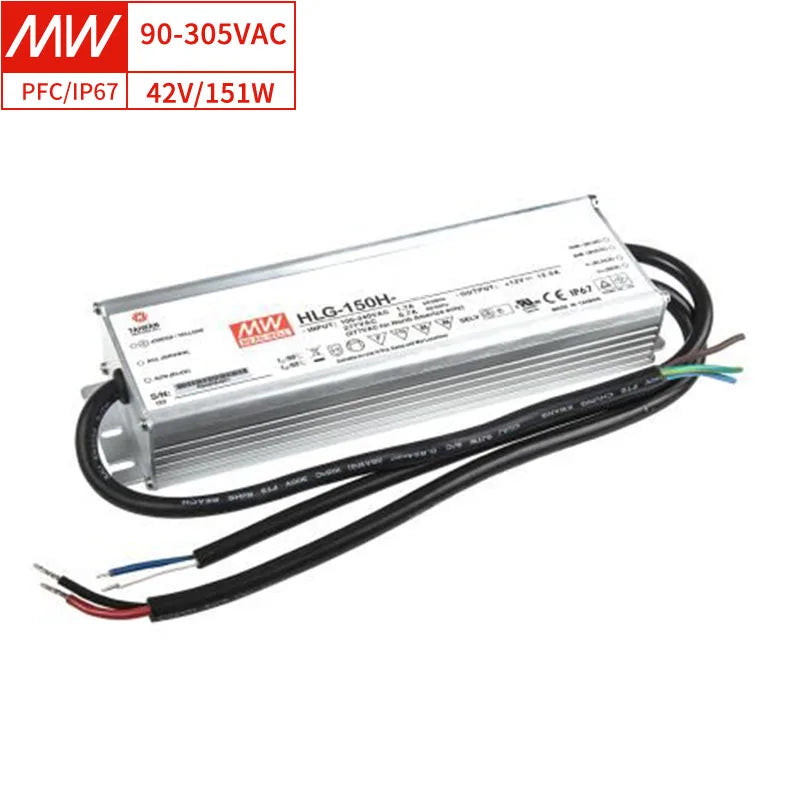 Mean Well HLG-150H-42B 150W High Efficiency 94% LED Driver Waterproof IP67 AC-DC for Outdoor Lighting Applications 42V 3.6A