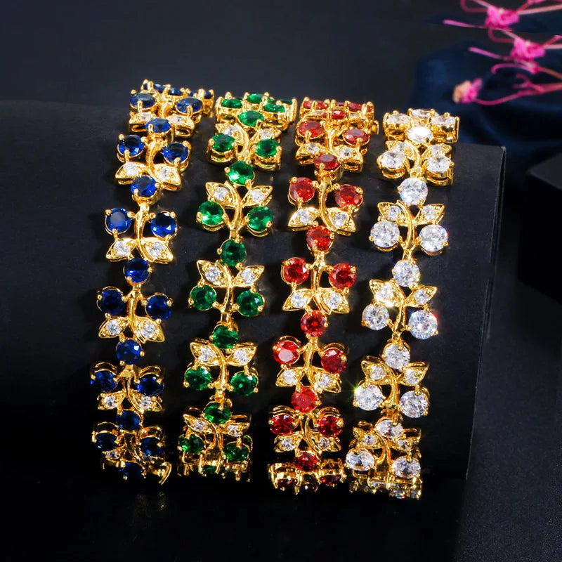 Fashion Leaf Design Luxury Jewelry Gift Indian Dubai Yellow Gold Plated Green Cubic Zircon Stone Chain Bracelet Bangle for Women