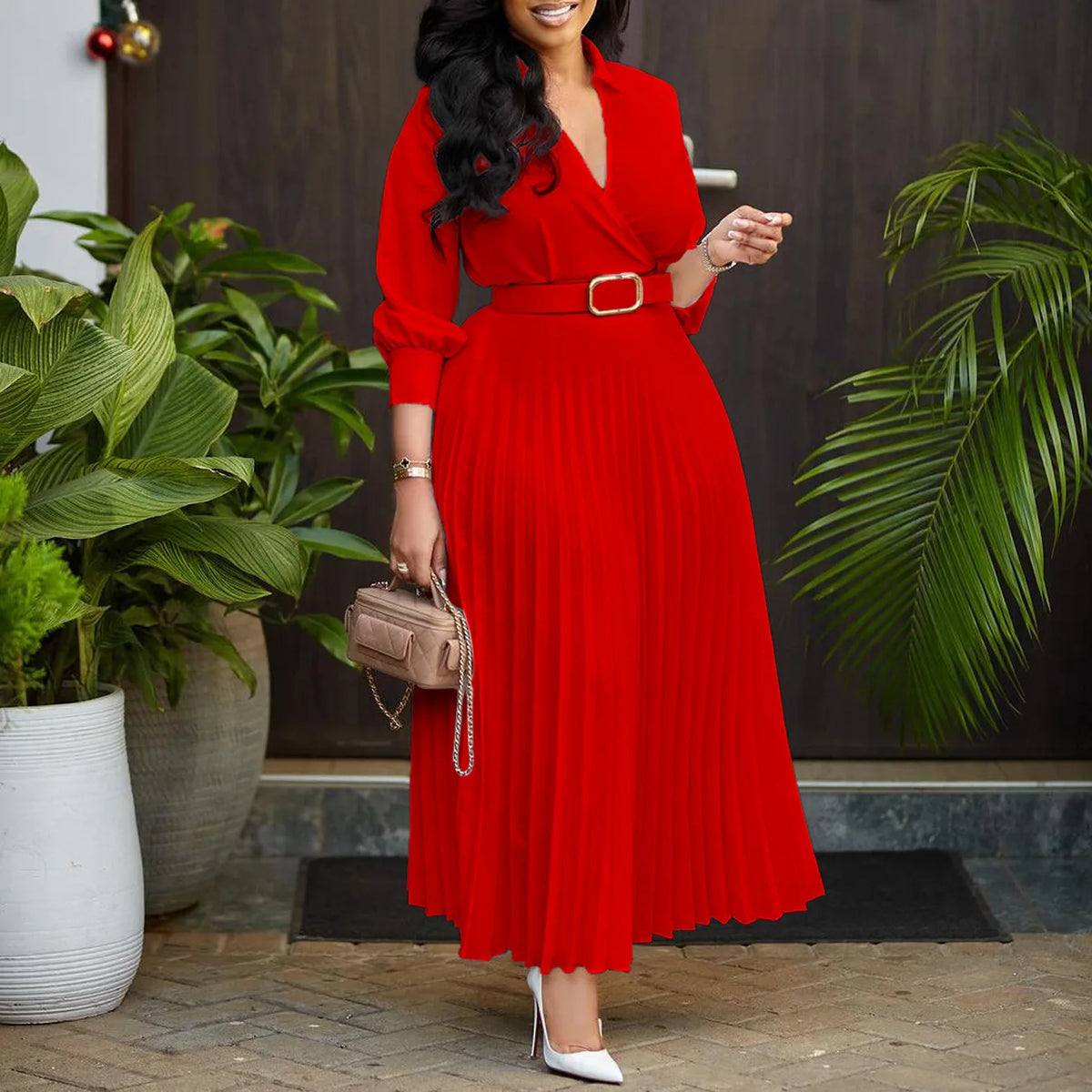 New Arrival Women Lady Elegant Solid Color Long Sleeve V-neck Office Dresses MegaBDM