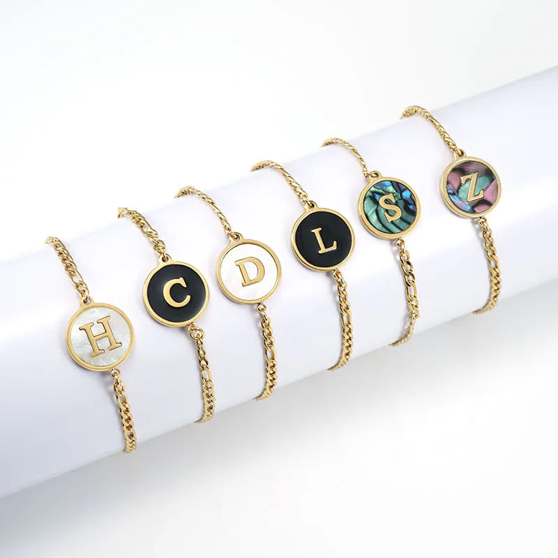 Fashion Stainless Steel 18k Plated NK Chunky Chain Initial Capital Alphabet  Letter Mother of Shell Charm Chain Bracelet Jewelry