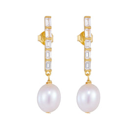 Fashion Jewelry 925 Sterling Silver Earring Natural Freshwater Pearl Rectangle square Zircon Gold Plated Stud Earrings for Women
