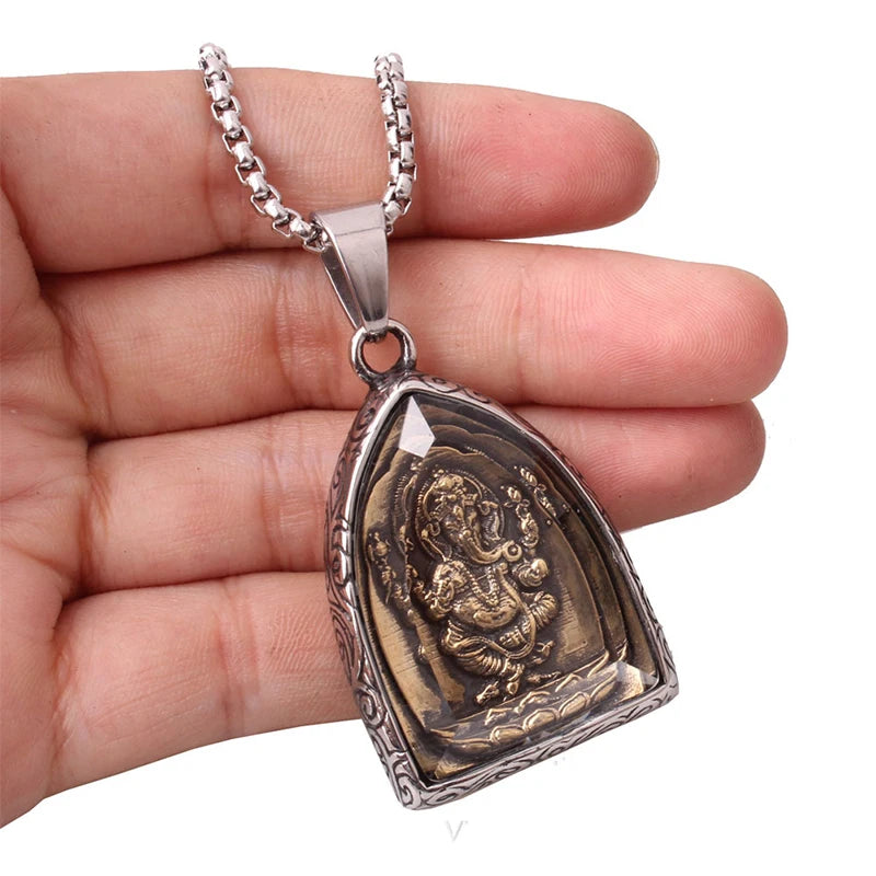 Religious Style Carved-Out Hinduism Amulet Necklaces Glass Cover Religion Relief Elephant Ganesha Pendant Necklace for Men