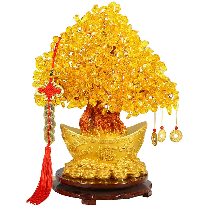 Wholesale Creative Chinese Golden Luxury Decoration Resin Crafts Home Ornaments Citrine Feng Shui Tree