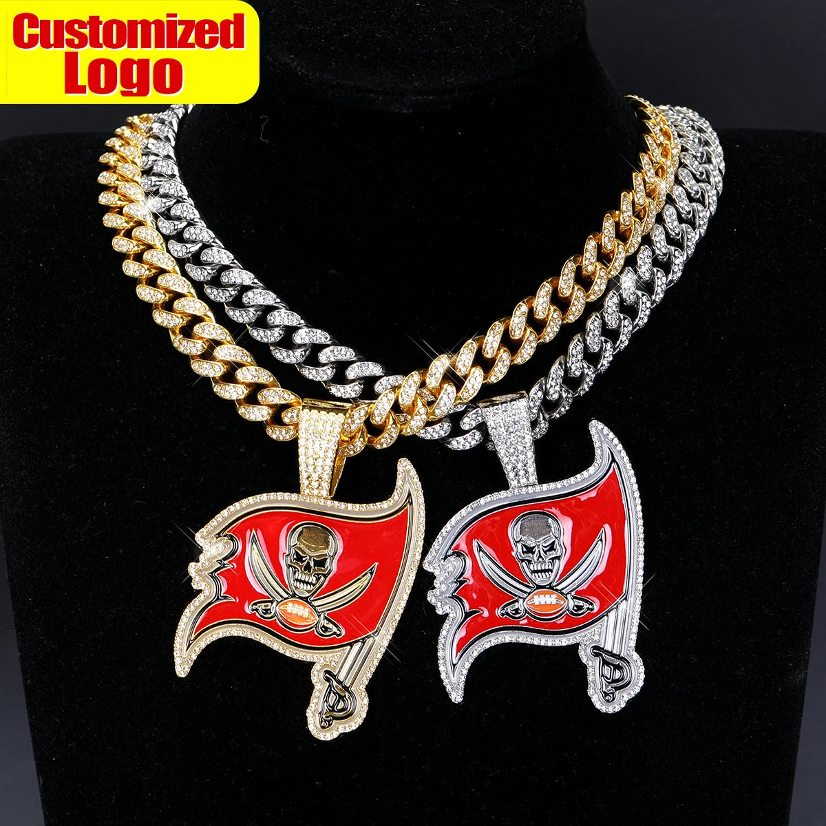 Promotion Custom New Fashion Team Logo Tampas Pirates Pendant Necklace with Iced Out Cuban Chain Hiphop for Men's