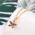 HOVANCI 4 Gold Plated Titanium Steel Chain Cubic Zirconia Flower Necklace Delicate Purple Zircon Floral Pendant Necklace