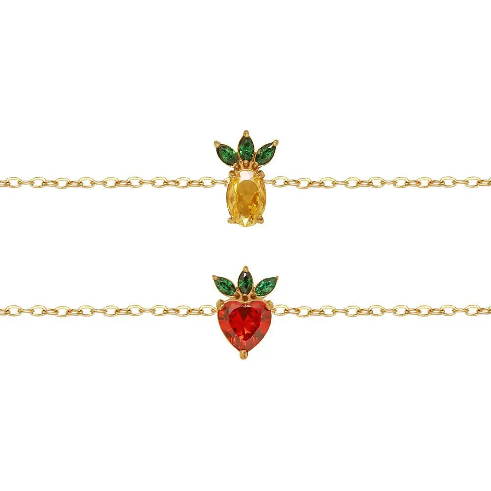 Fenny No Fade Trendy Colored Pineapple&Strawberry Zirconia Pendant Bracelet for Women Stainless Steel Jewelry Wholesale