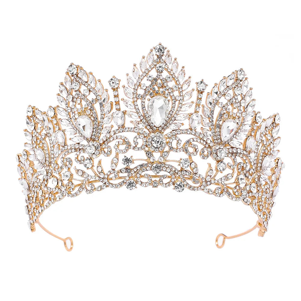 New Big Size Handmade Bridal Crown Tiara for Wedding Anniversary Prom Beauty Pageant Fashion Show Gold Plated Crystal Rhinestone