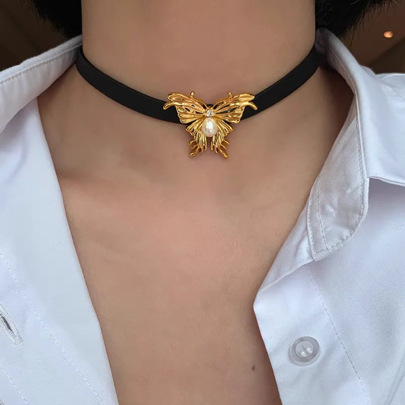 Original Design Black Leather Choker Pearl Brass 18k Gold Plated Butterfly Necklaces Sweet Cool Girl Jewelry Customized