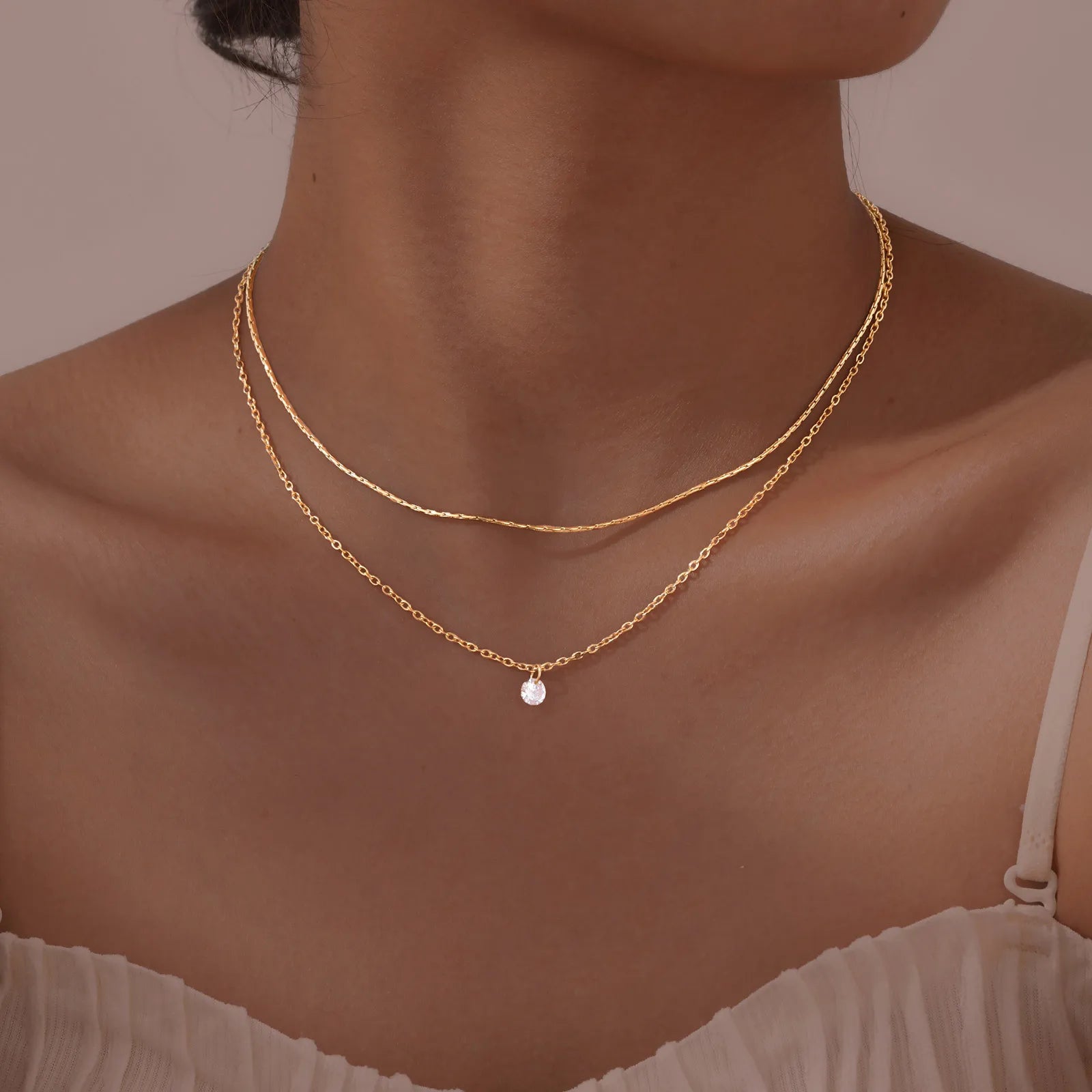 Minimalist 18K Gold Plated Double Chain Zircon Stainless Steel Pendant Choker Necklace With Zircon