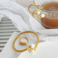 Hip Hop Elasticity Twist Jewelry Sets 18K Gold Plated Stainless Steel Glass White Bead Wire Line Bangle Ring Earring Sets