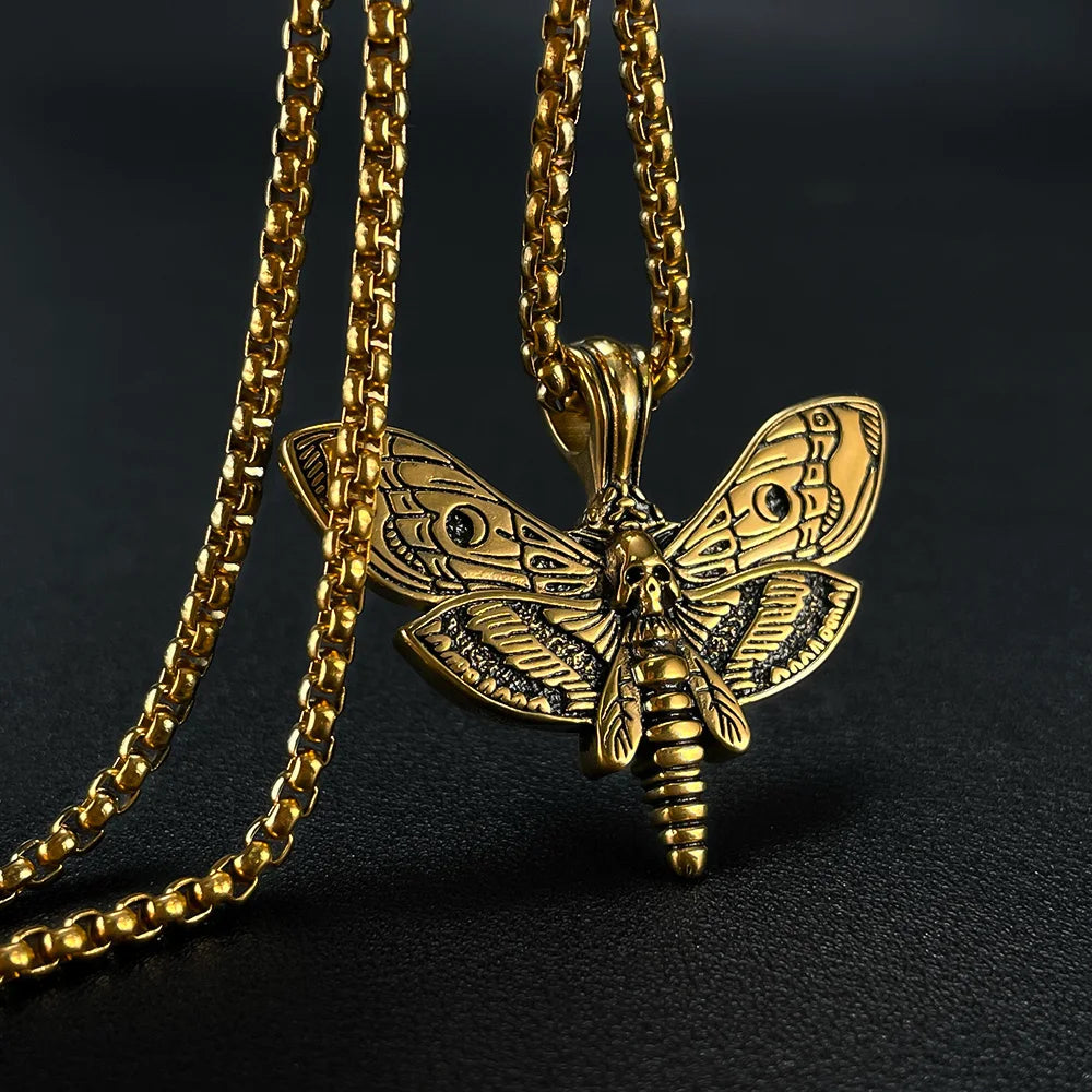 Fashion Personalised Hip Hop Stainless Steel Silver Plated Punk Style Moth Skull Pendant Necklace Sweater Chain for Anniversary