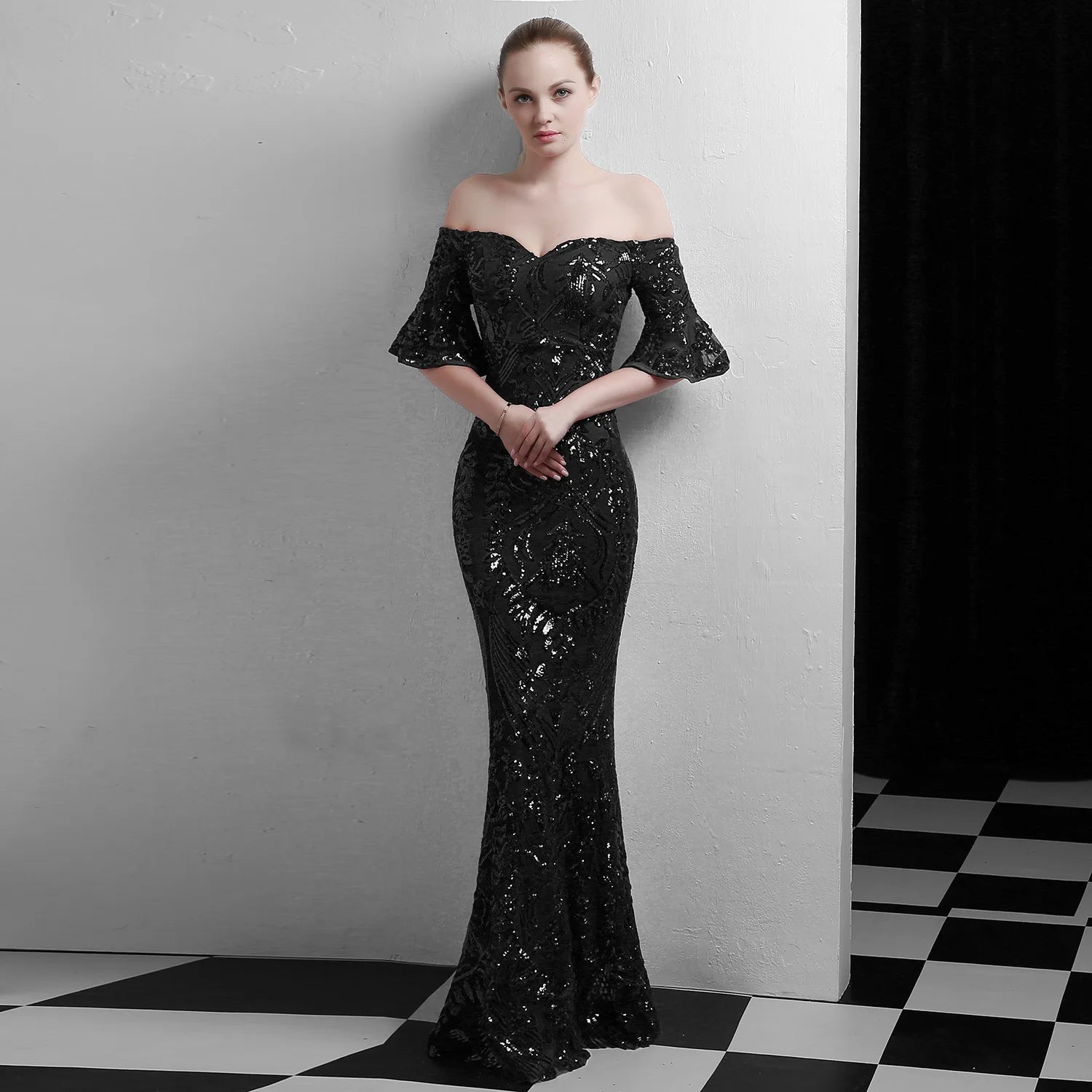1518# European and American Court Style Long Slimming Annual Banquet Nightclub Party Wedding Dress Female