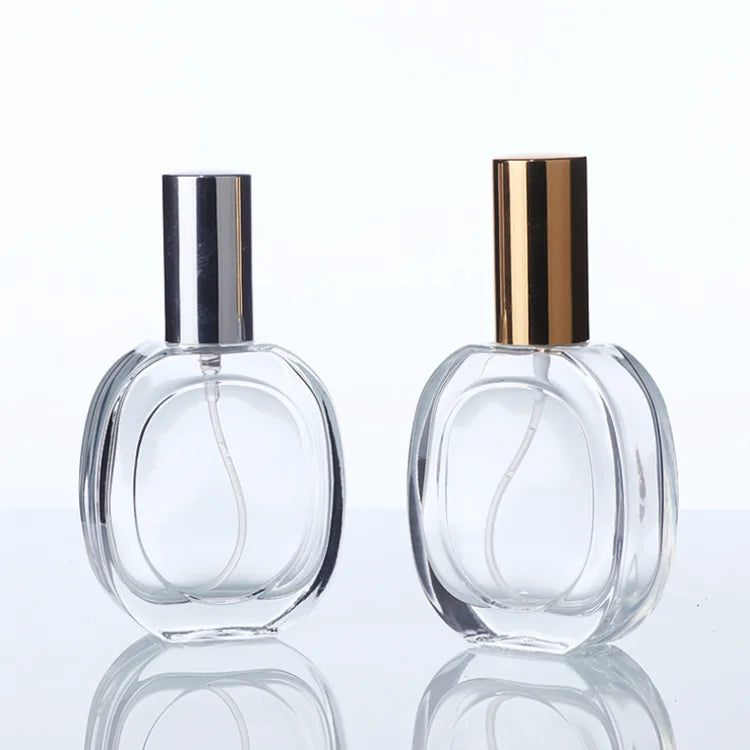 50ml Transparent Oval Shape Perfume Glass Bottle Mist Spray Top Glass Perfume Bottle With Golden Sliver Lid