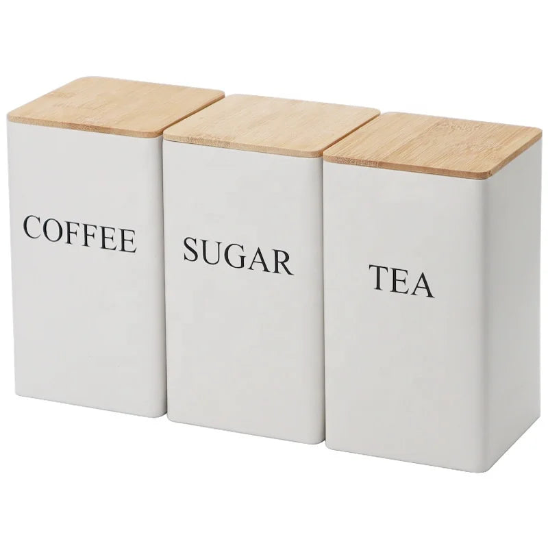 3 Pcs Farmhouse Metal Canister Set Bamboo Lid Airtight Sealed for Coffee Tea Sugar Bread Storage