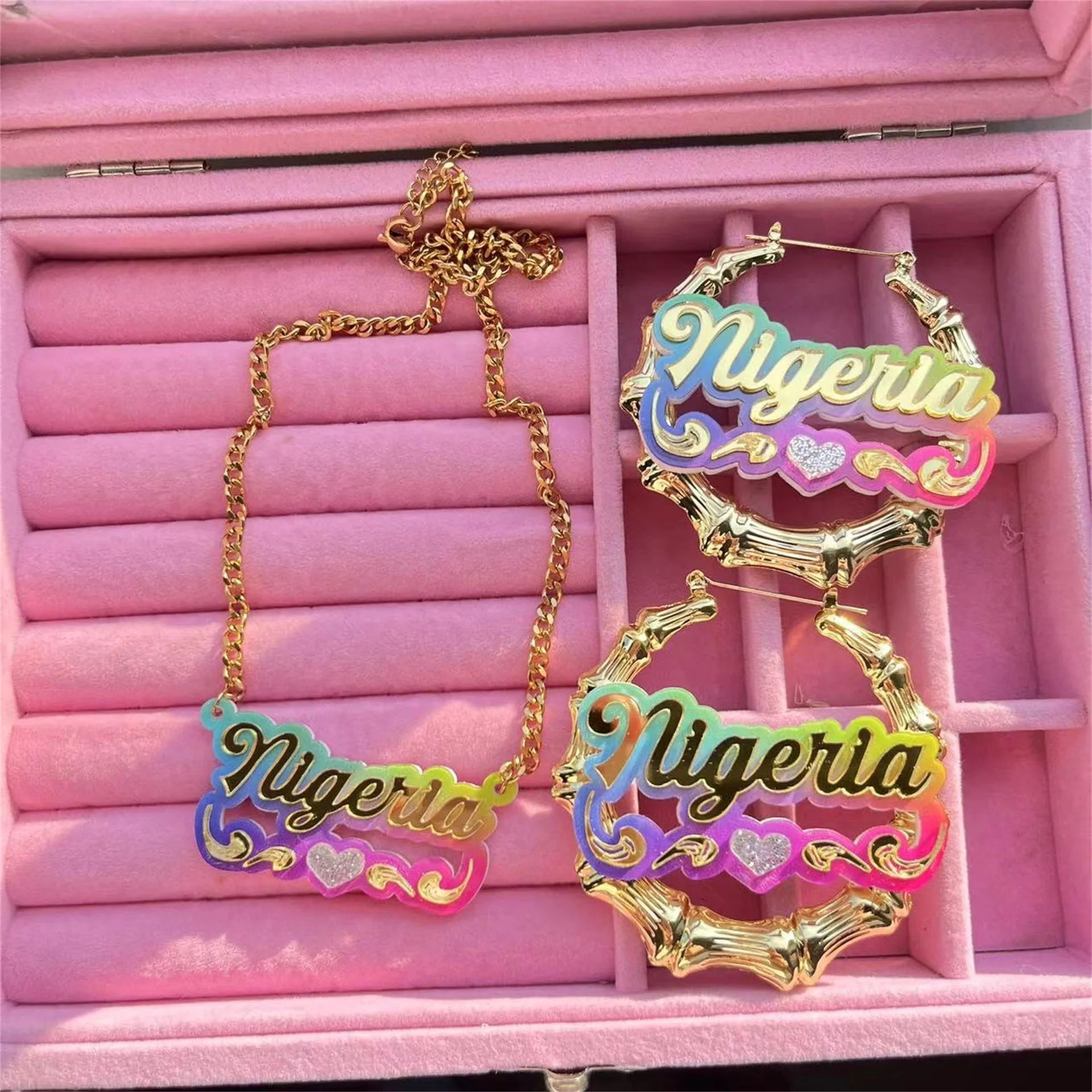 Lateefah OEM Personalized Name Rainbow Necklace Acrylic Bamboo Hoop Earrings Jewelry Set for Women Gift