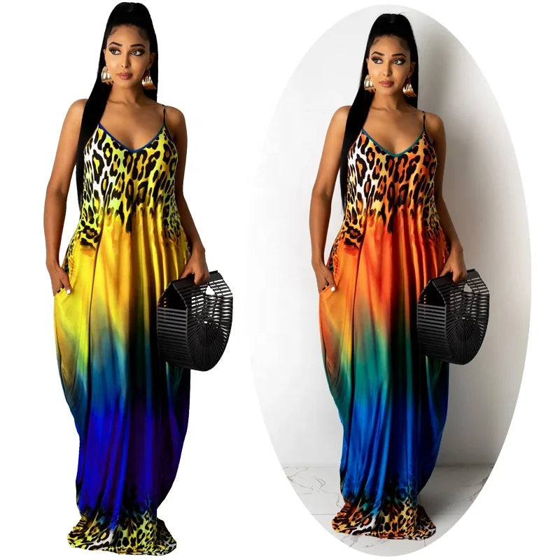 Womens Casual Pocketed Maxi Dresses Leopard Print Tie Dye Clothing Gradient Color Long Beach Sundress Summer Clothes Boho Dress