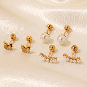 Wholesale Boucle D'Oreille Femme Pearls Stud Earrings Tarnish Free Stainless Steel Gold Plated Earrings Fashion Jewelry