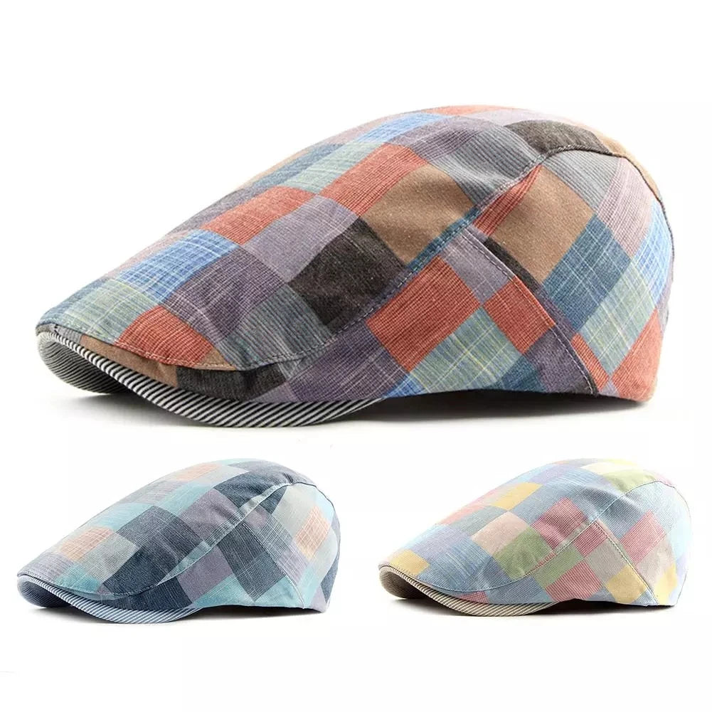 Men Women Plaid Cotton Newsboy Cap Flat Cabbie Hat Adjustable Beret