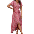 Summer V-Neck Lace Short Sleeve Natural Waist Flowy A-Line Swing Dress One-Piece Strappy Beachwear for Seaside Vacation