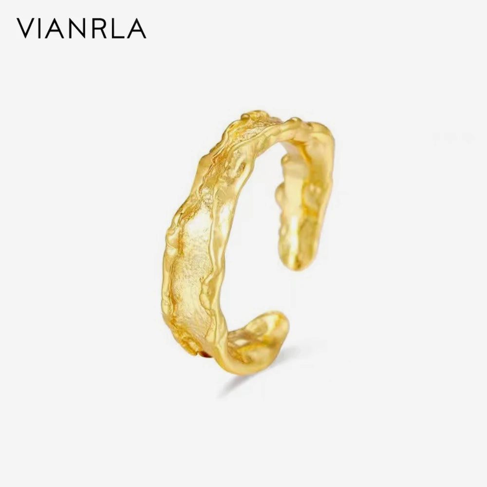 VIANRLA 925 Sterling Silver Trendy Minimalist Gold Plated Matte Hammered Ring