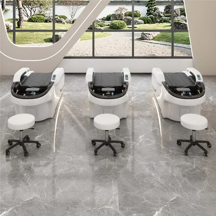 Newest Product Electric Lay Down Shampoo Bed Massage Automatic Leg Lifting Shampoo Chair White With Remote Control and Foot Rest