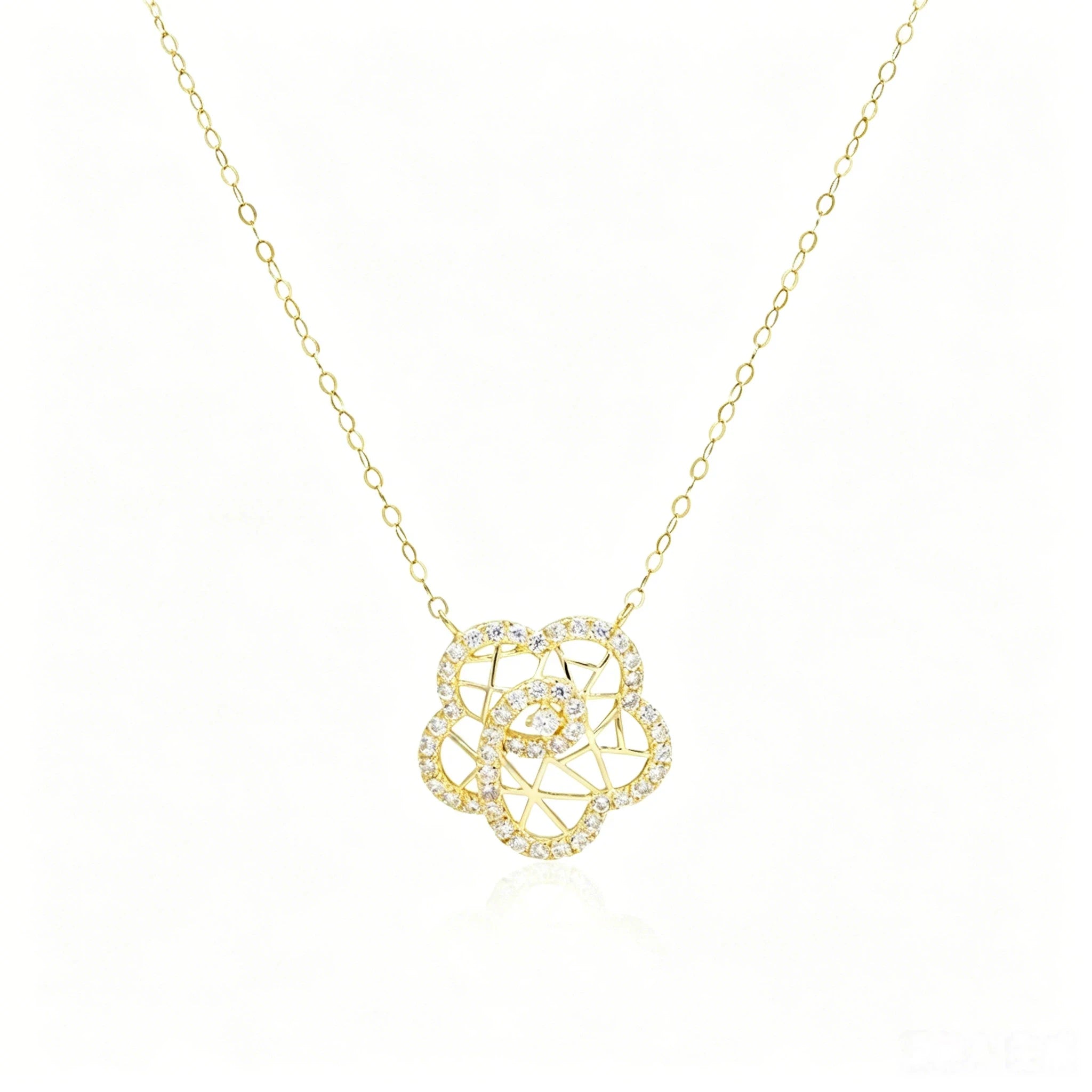 18K Real Gold Hollow Clover Fine Pendant Necklace for Women CZ Diamond Filigree Floral Charm Necklaces Fine Jewelry for Wedding