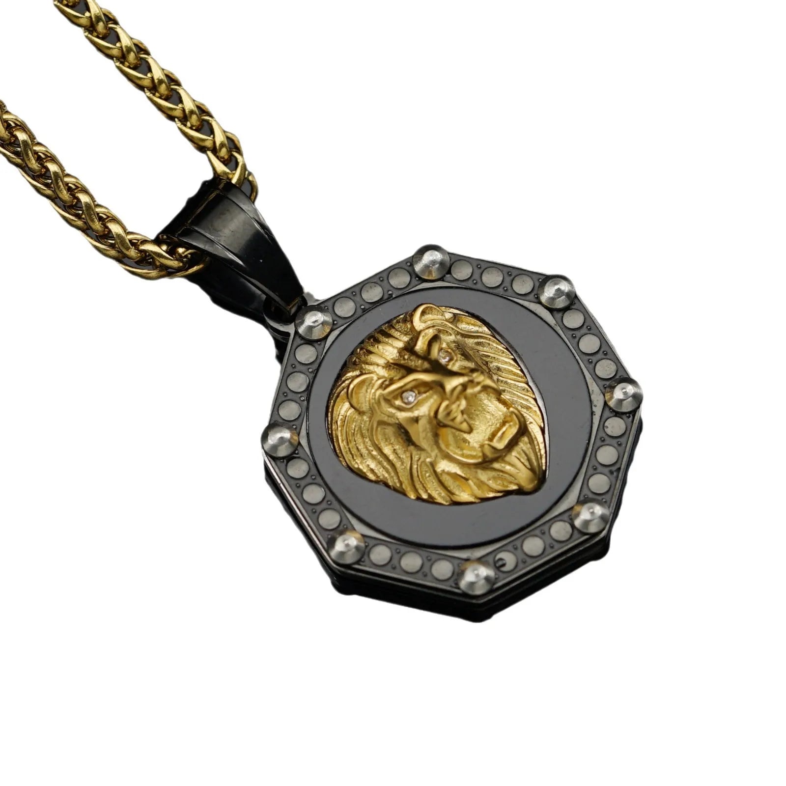 Hip Hop New Style Geometric Octagon 316l Stainless Steel Gold Plated Lion Head Pendant Necklace