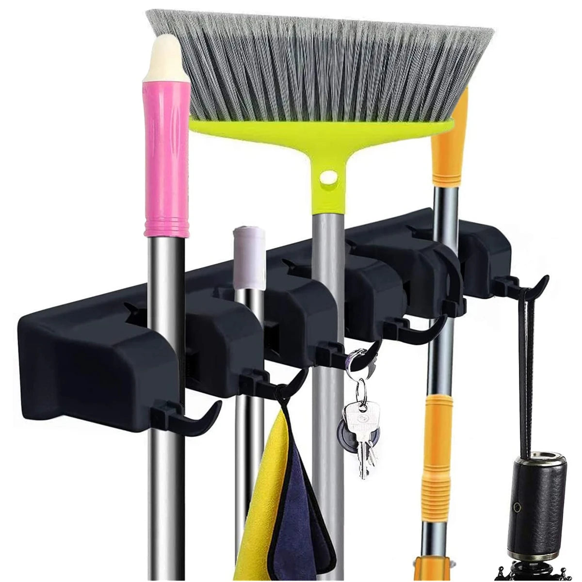 5 Position Wall Mounted Tool Organizer 6 Hooks Broom Mop Holder Tidy Organizer for Kitchen Living Room Garage & Bathroom