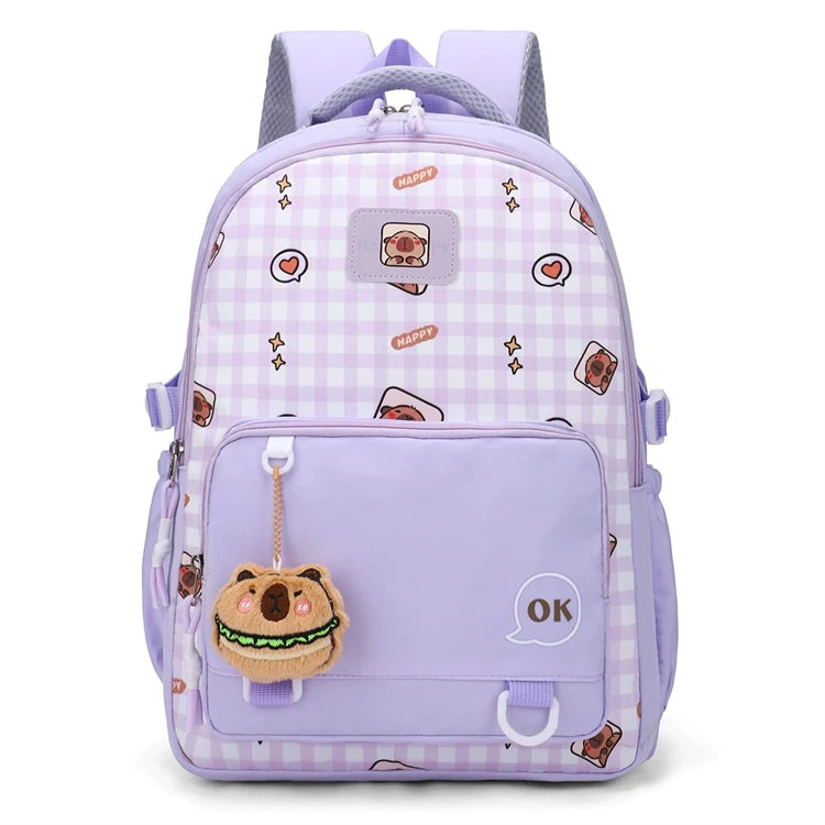 Oem Custom logo Print Quilted Girls Purple Polyester Large Capacity Bookbags for Middle School