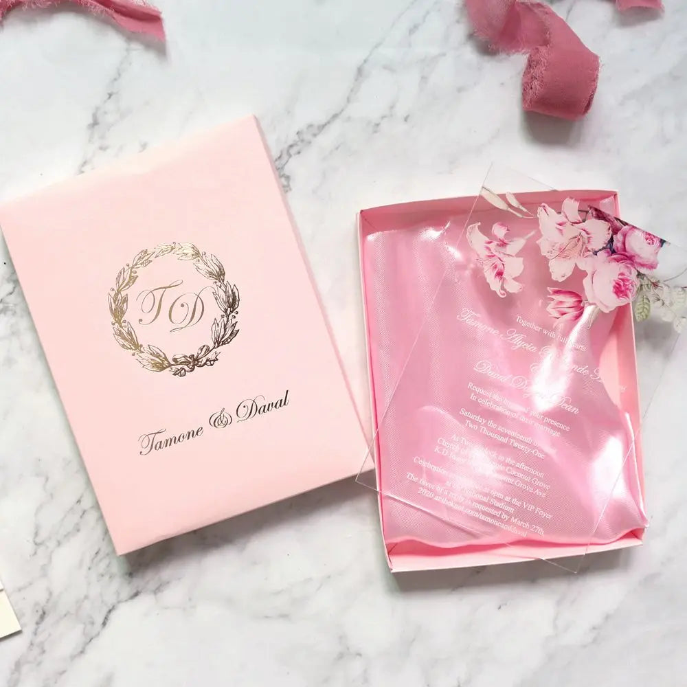 Best Selling Clear Acrylic Cards With Gold Foil Paper Box DIY Fancy Flower Transparent Acrylic Wedding Invitations