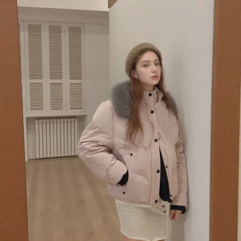 Stylish Pink Button Front Short Down Jacket With Fur Collar for Winter Warmth Date Commute Fashion