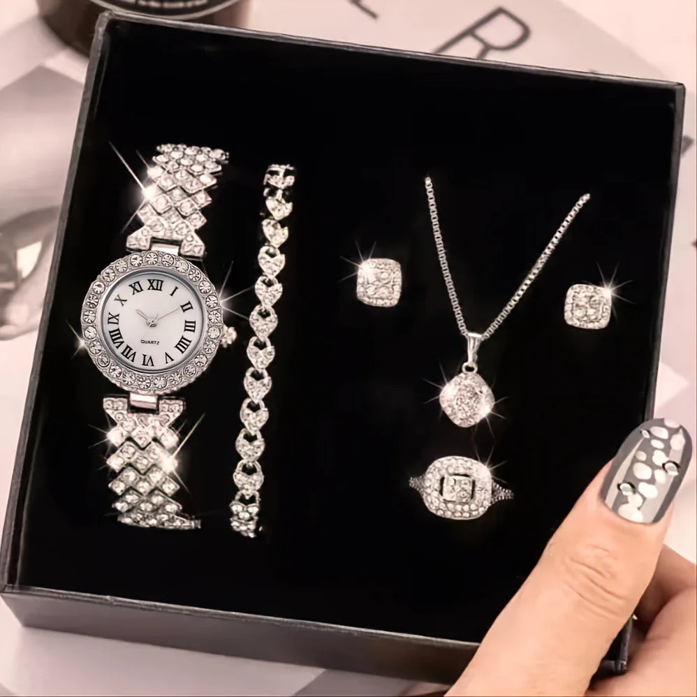 Mother's Day Gift Set Box Stainless Steel Necklace Earrings Ring Holiday Light Luxury Women's Watch Set