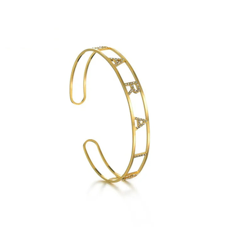 Adjustable C-Shape Name Bracelet Simple Hollow Crystal Rhinestone Cutting Stainless Steel Rose Gold Plated Fashion Bangle for