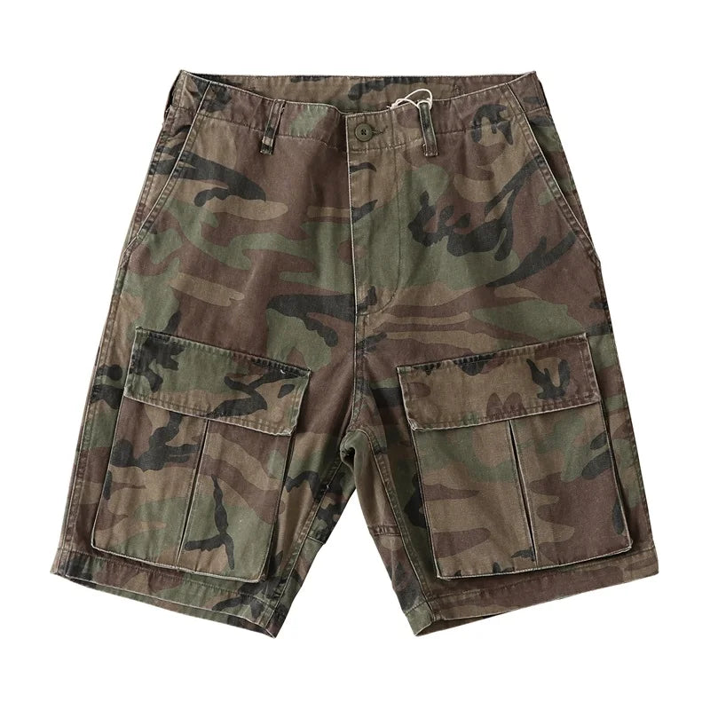 Men 2021 Fashion Vintage Army Green Camo Khaki Safari Utility Summer Cotton Woven Mid Knee Length Zipper Fly Breathable Cargo