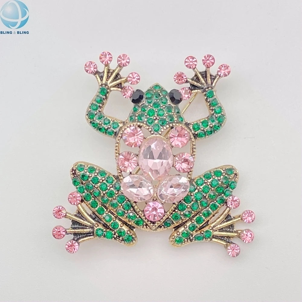 Fashion Jewelry Green and Pink Rhinestone Frog Brooches Alpha Greek Sorority Symbol Pins for Community Souvenirs