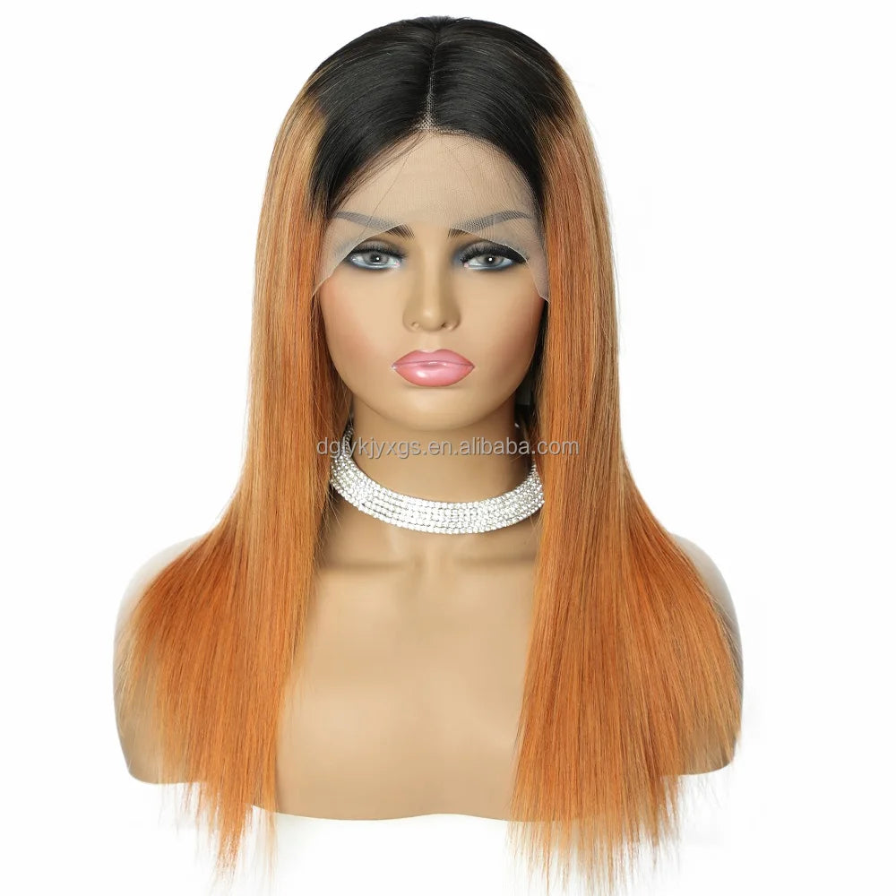 HL26-B3 Remy Human Hair Wigs Bangs T-part Straight T1B#&30# Gradient 12-24inch Human Hair for Black Women 1 Piece Short