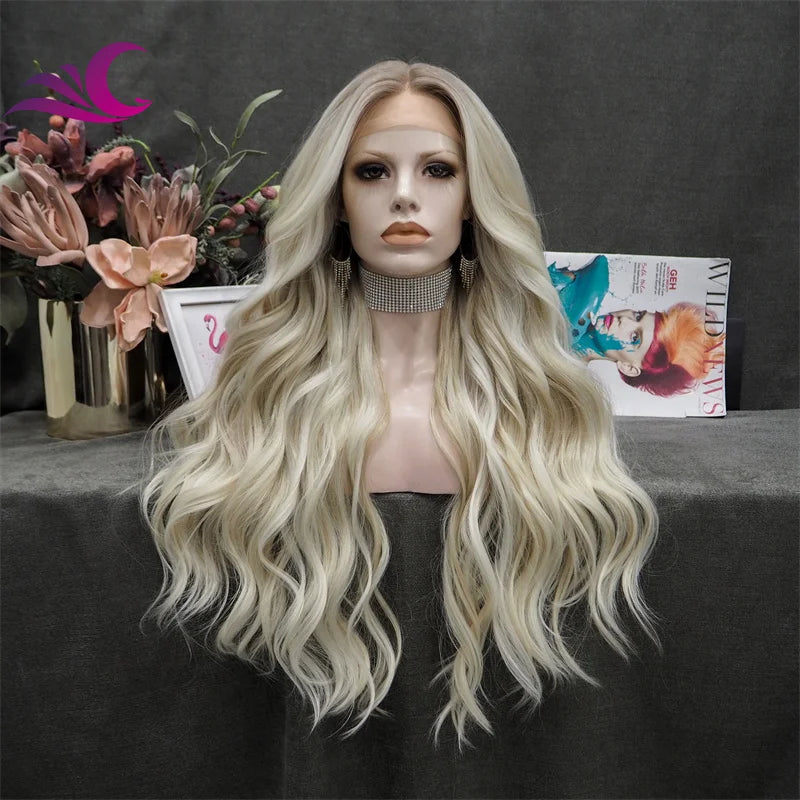 Celebrity Honey Blonde Highlight Dark Root Lace Front Wig Futura Fiber Heat Resistant Middle Part t Part Wig
