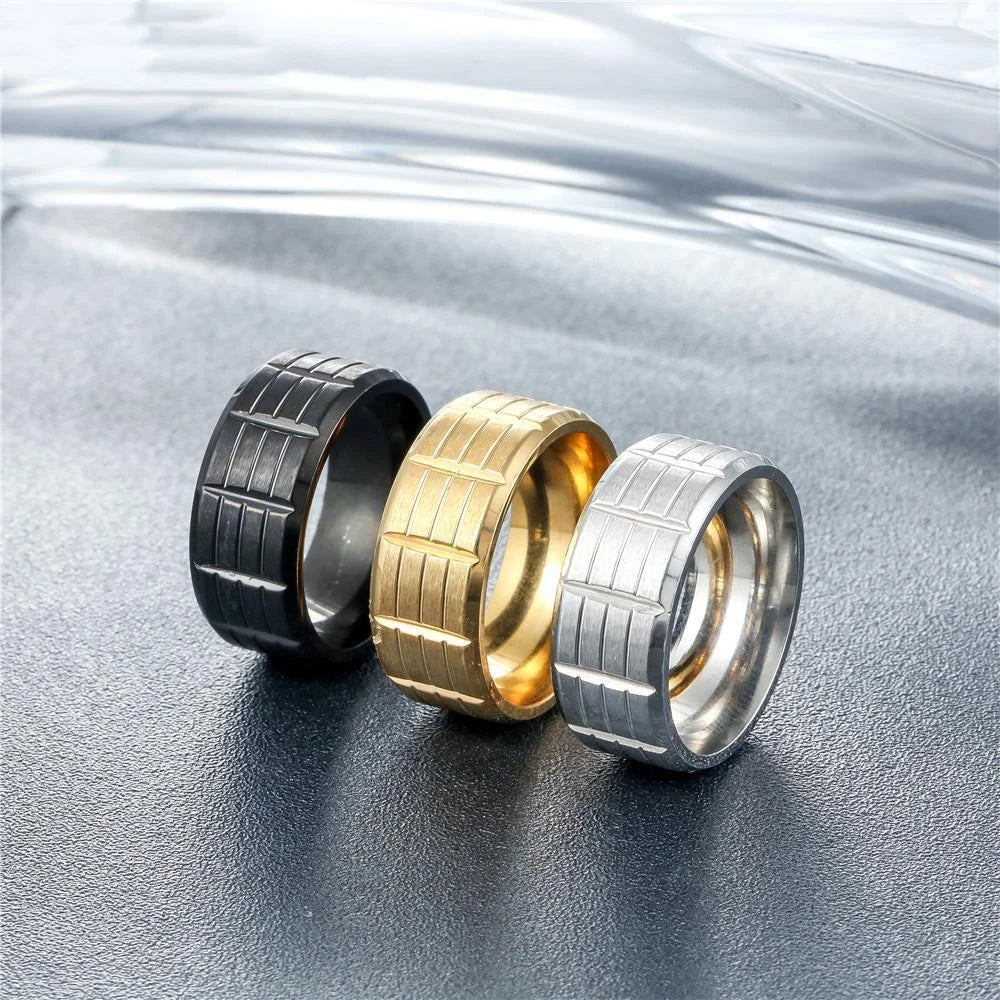 Simple Fashion Stainless Steel Black Plated Matte Finish Hip Hop Ring Texture Ring 9mm Width Ring for Men