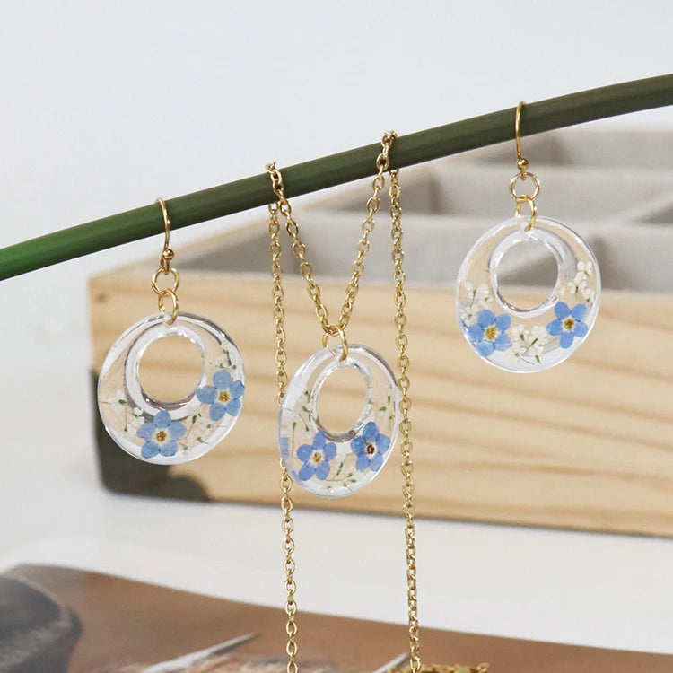 Dry Resin Real Flower Necklace Stainless Steel Dried Flower Jewelry Necklace and Earrings Set for Woman