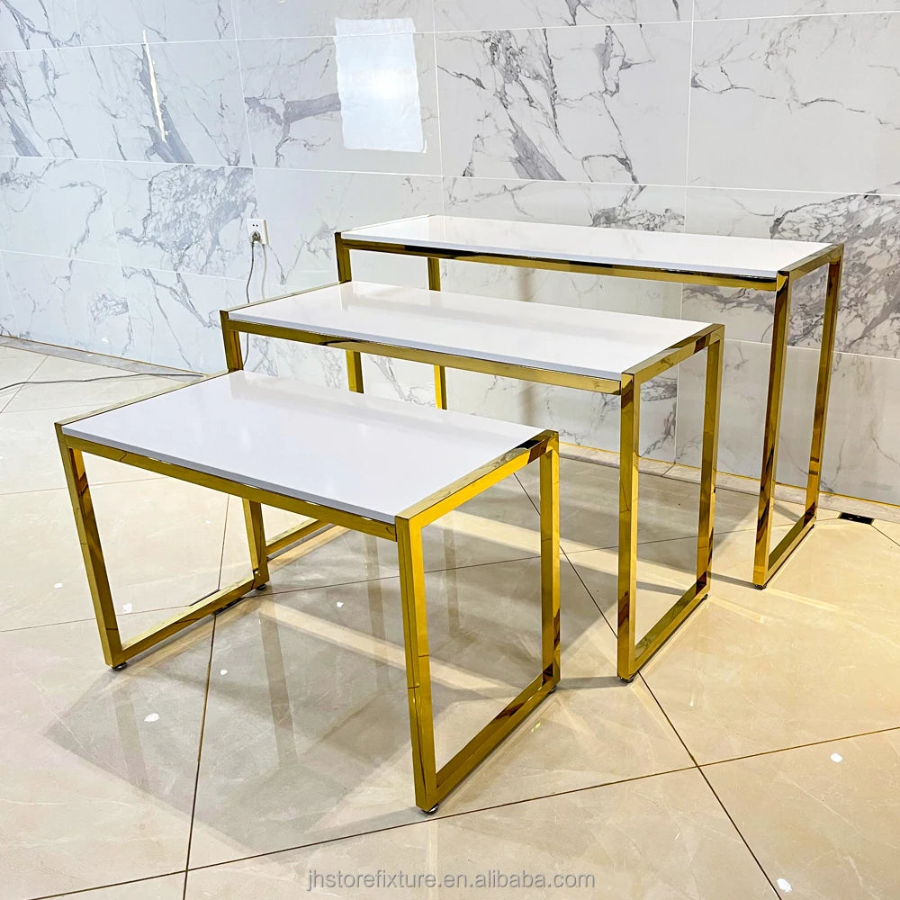 Luxury Style Metal Golden Color Dessert Table Top Display Set Racks Shoes Bag Display Stand for Store